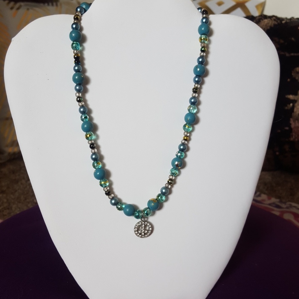 Blue Beaded Necklace w/Silver studded Peace Sign